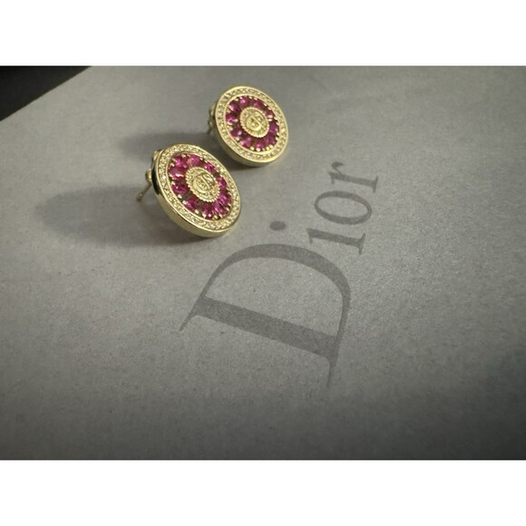 Christian Dior Stamped CD Authentic Magenta Crystals Medallion Stud Earrings - Picture 4 of 16